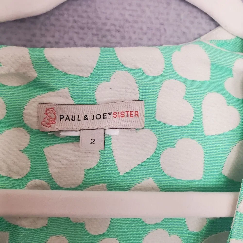 Paul And Joe Sister Women's Green White Heart Cap Sleeves Gatien Top 2 - Picture 3 of 4